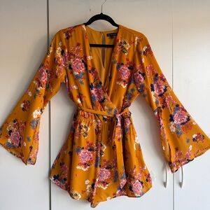 As U Wish Mustard Yellow Floral Short Romper Size Large